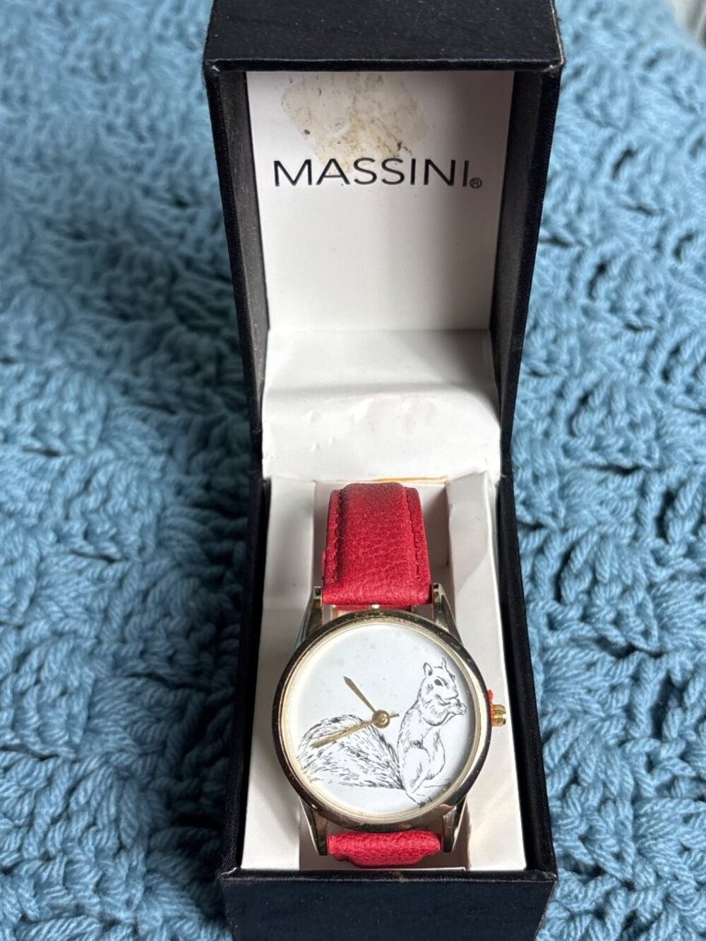 Massini Squirrel Watch Red Band Goldtone New in Box
